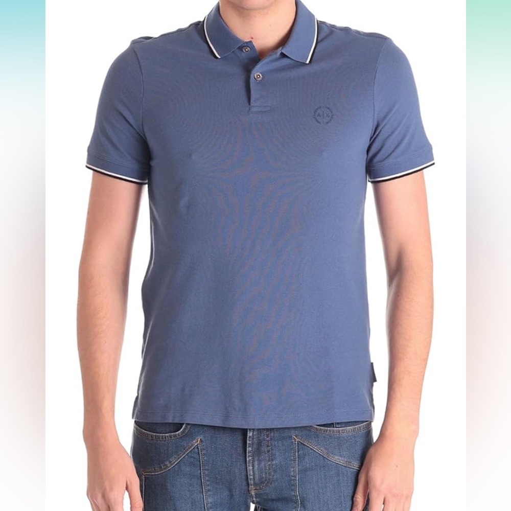 A | X ARMANI EXCHANGE Men's Tipped Pique Polo Size Medium Blue Preppy Designer